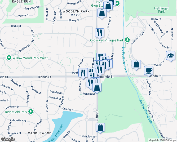 map of restaurants, bars, coffee shops, grocery stores, and more near 12066 Patrick Avenue in Omaha