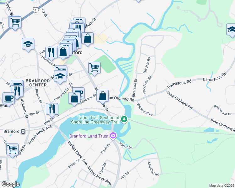 map of restaurants, bars, coffee shops, grocery stores, and more near 14A Pine Orchard Road in Branford