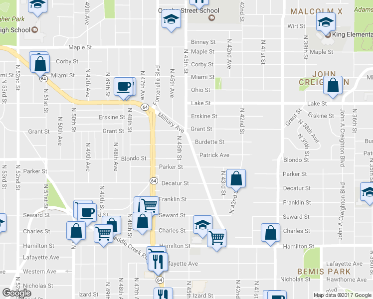 map of restaurants, bars, coffee shops, grocery stores, and more near 4459-1/2 Burdette Street in Omaha