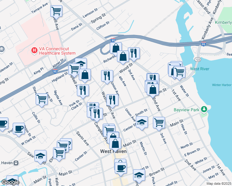 map of restaurants, bars, coffee shops, grocery stores, and more near 390 Union Avenue in West Haven