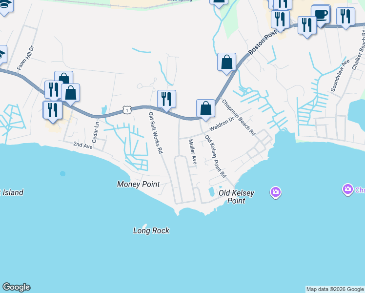map of restaurants, bars, coffee shops, grocery stores, and more near 68 Sagamore Terrace Road in Westbrook