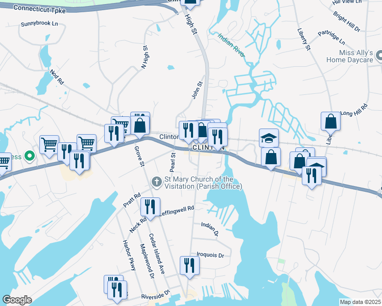 map of restaurants, bars, coffee shops, grocery stores, and more near 10 West Main Street in Clinton