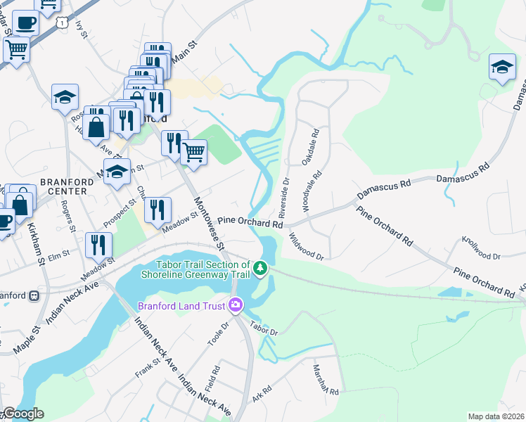 map of restaurants, bars, coffee shops, grocery stores, and more near 14A Pine Orchard Road in Branford