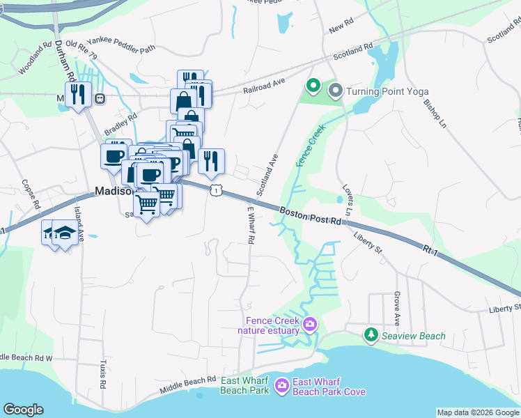 map of restaurants, bars, coffee shops, grocery stores, and more near 908 Boston Post Road in Madison