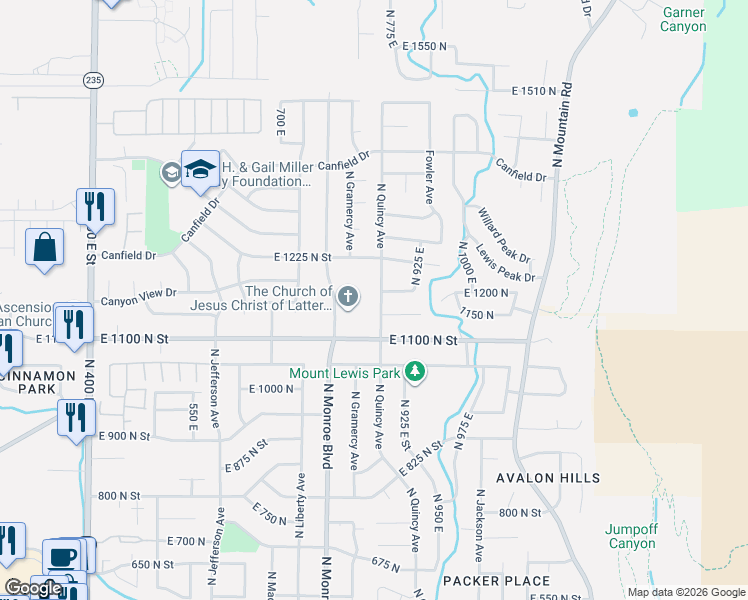map of restaurants, bars, coffee shops, grocery stores, and more near 1189 North Quincy Avenue in Ogden