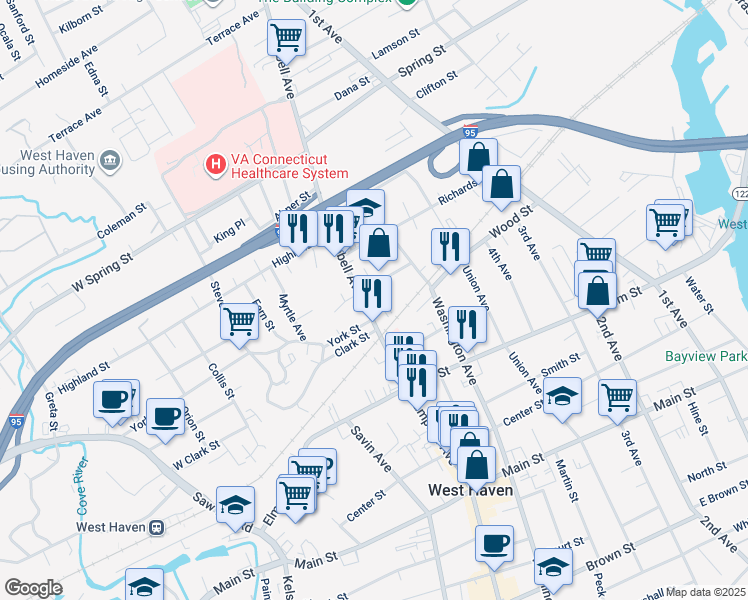 map of restaurants, bars, coffee shops, grocery stores, and more near 719 Campbell Avenue in West Haven