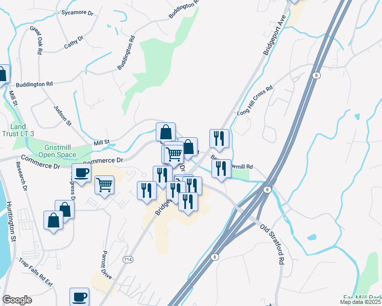 map of restaurants, bars, coffee shops, grocery stores, and more near 20 Mill Street in Shelton