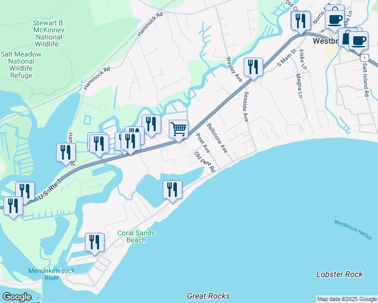 map of restaurants, bars, coffee shops, grocery stores, and more near 22 Lynne Avenue in Westbrook