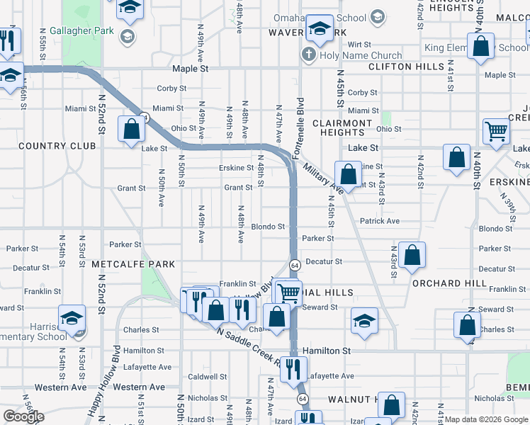 map of restaurants, bars, coffee shops, grocery stores, and more near 2015 North 48th Street in Omaha