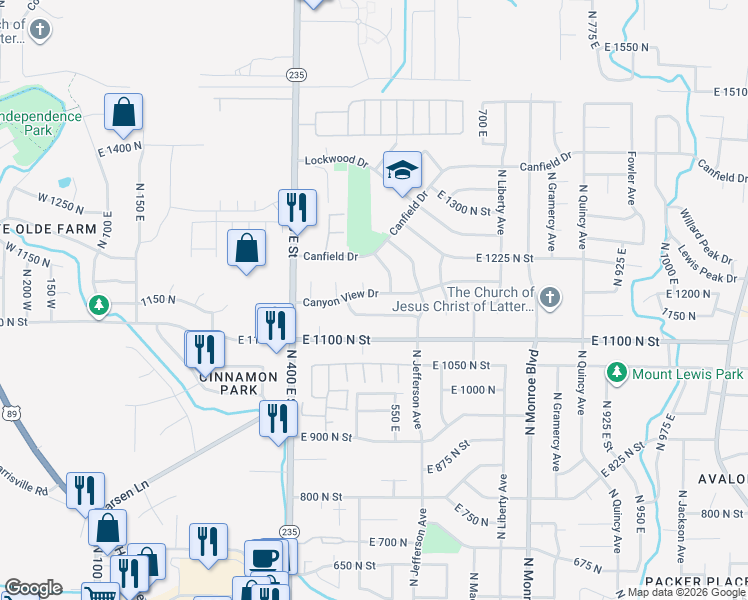 map of restaurants, bars, coffee shops, grocery stores, and more near 543 Canyon View Drive in Ogden