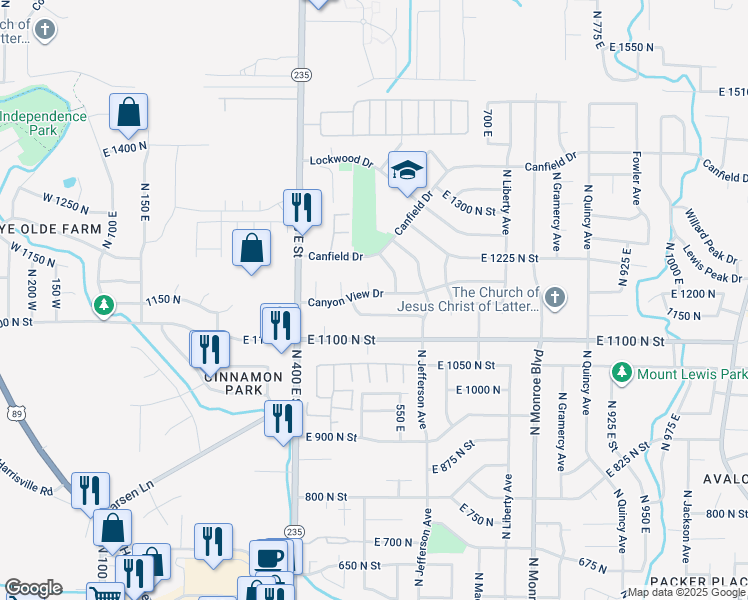 map of restaurants, bars, coffee shops, grocery stores, and more near 535 Canyon View Drive in Ogden