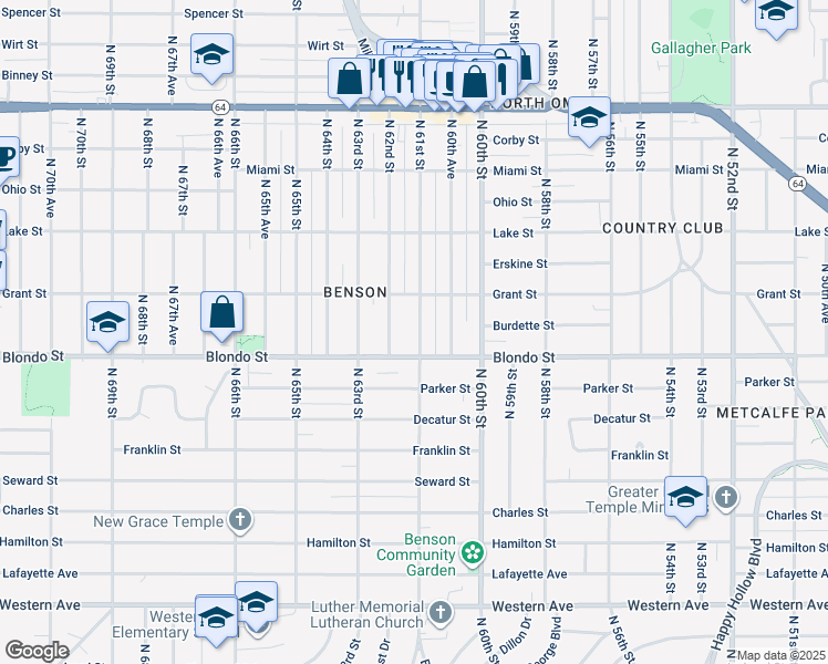 map of restaurants, bars, coffee shops, grocery stores, and more near 2024 North 61st Street in Omaha