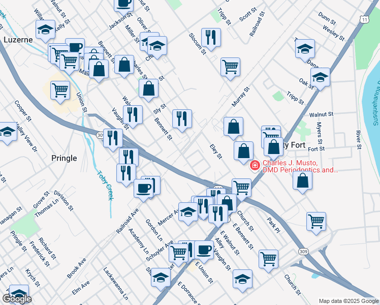 map of restaurants, bars, coffee shops, grocery stores, and more near 163 West Bennett Street in Kingston