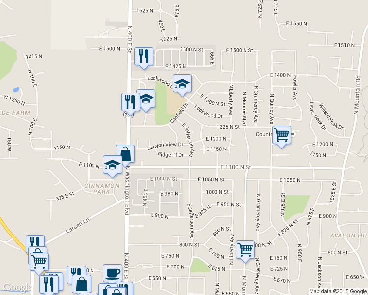 map of restaurants, bars, coffee shops, grocery stores, and more near 593 Canyon View Drive in Ogden