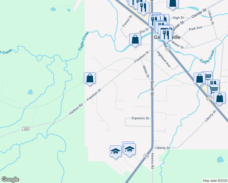 map of restaurants, bars, coffee shops, grocery stores, and more near 10555 Village Drive in Garrettsville