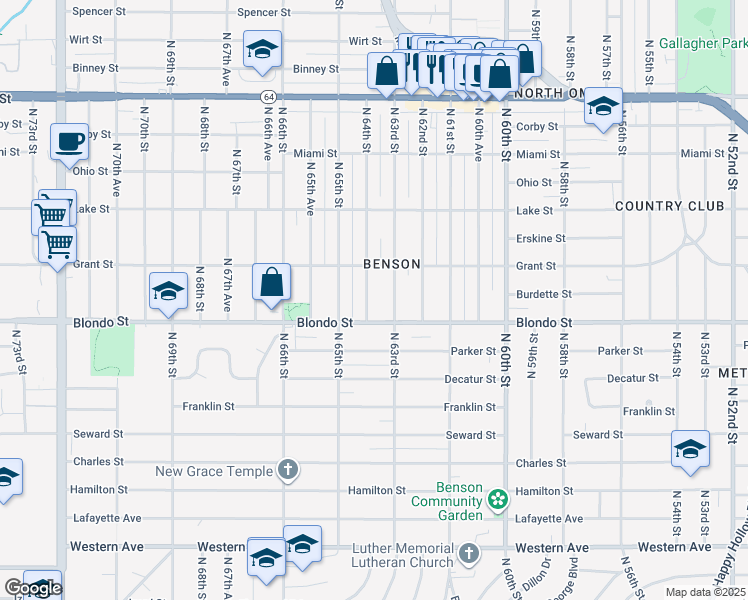 map of restaurants, bars, coffee shops, grocery stores, and more near 2015 North 64th Street in Omaha