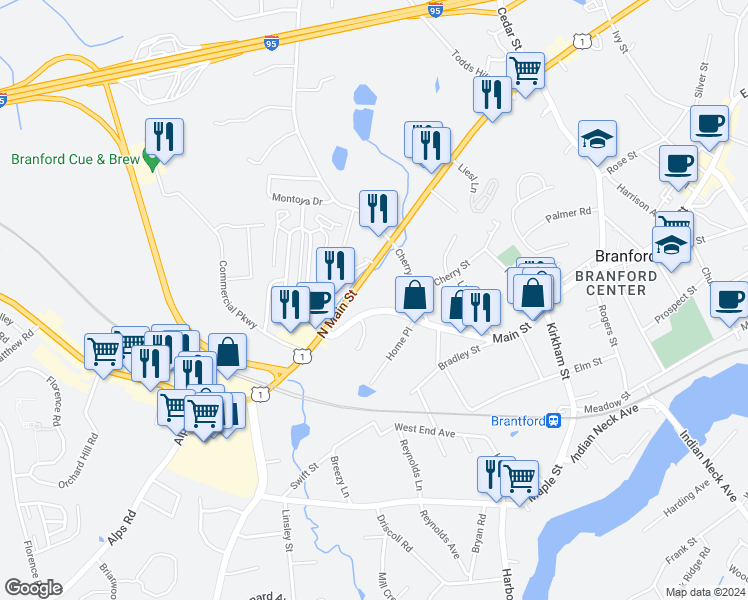 map of restaurants, bars, coffee shops, grocery stores, and more near 110 Main Street in Branford