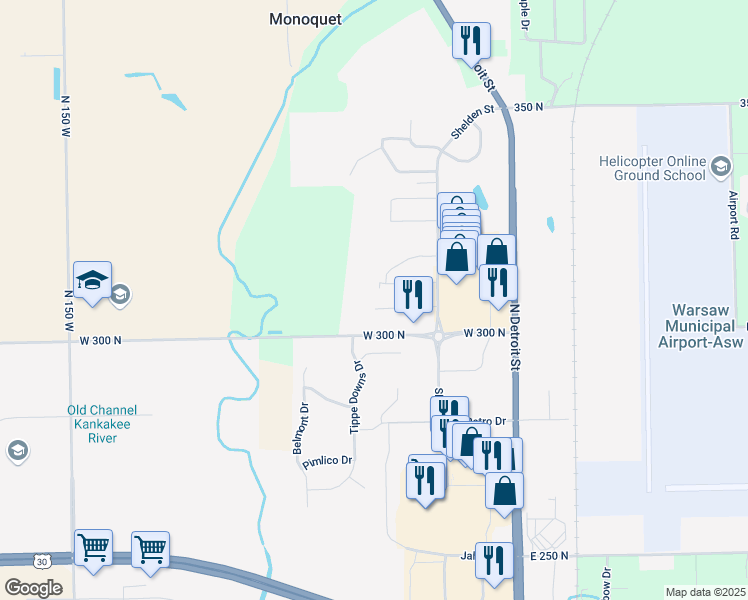 map of restaurants, bars, coffee shops, grocery stores, and more near 6104 Heron Boulevard in Warsaw