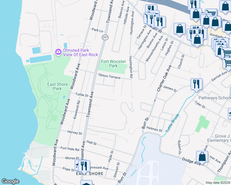 map of restaurants, bars, coffee shops, grocery stores, and more near 5 Horsley Avenue in New Haven