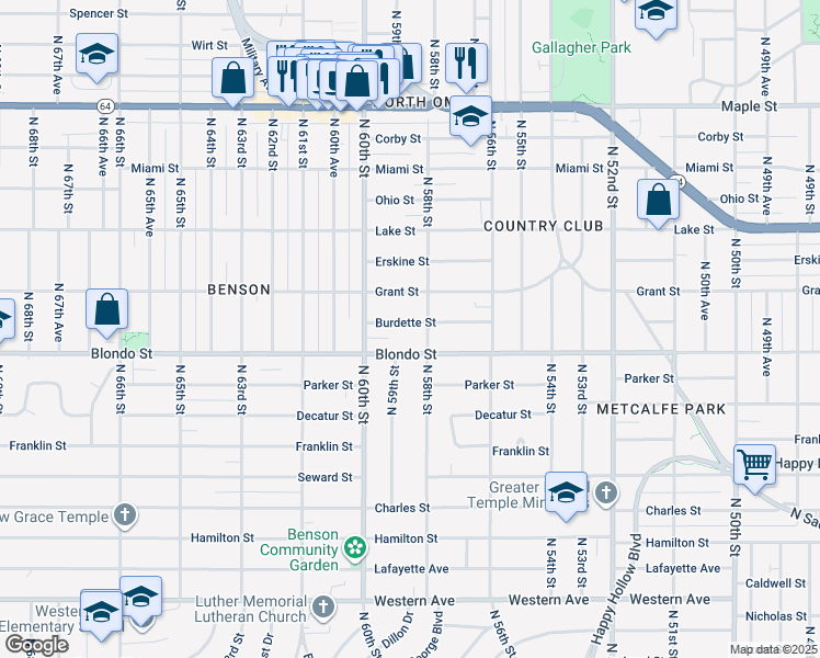 map of restaurants, bars, coffee shops, grocery stores, and more near 5815 Burdette Street in Omaha