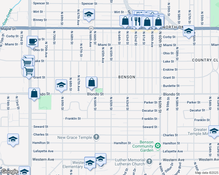 map of restaurants, bars, coffee shops, grocery stores, and more near 2020 North 65th Street in Omaha