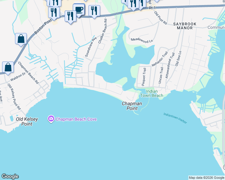 map of restaurants, bars, coffee shops, grocery stores, and more near 5 Bel Aire Manor in Old Saybrook