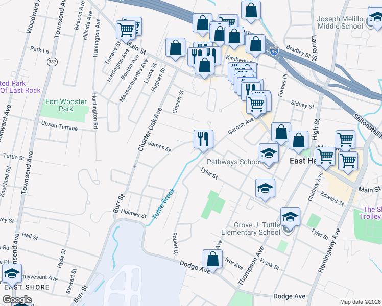 map of restaurants, bars, coffee shops, grocery stores, and more near 43 Windsor Street in East Haven