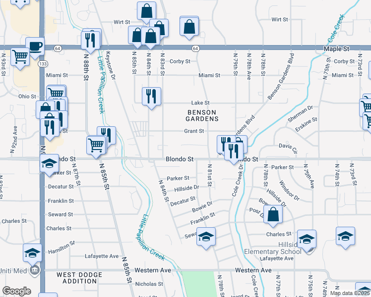 map of restaurants, bars, coffee shops, grocery stores, and more near 8153 Burdette Street in Omaha