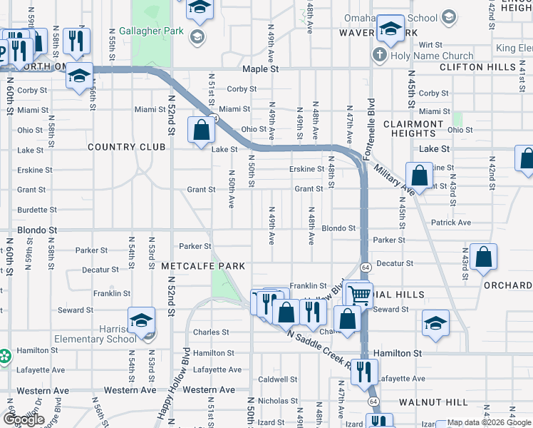 map of restaurants, bars, coffee shops, grocery stores, and more near 2020 North 49th Avenue in Omaha