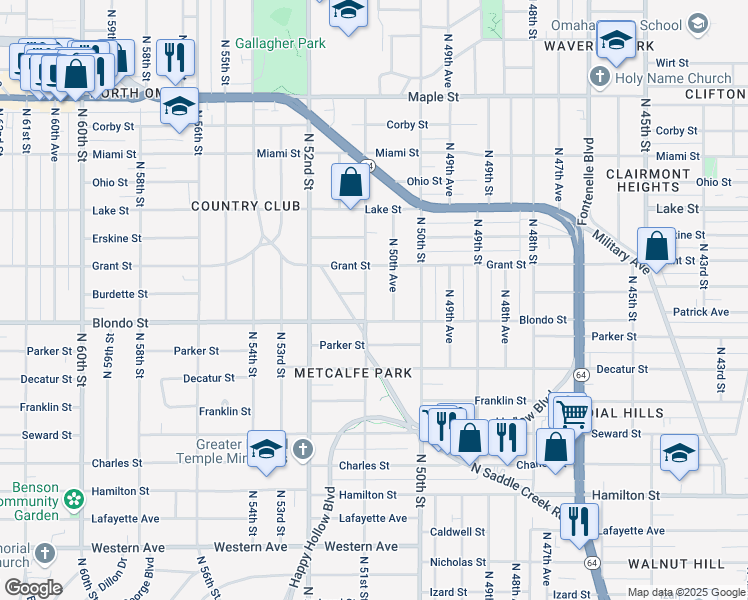 map of restaurants, bars, coffee shops, grocery stores, and more near 2019 North 51st Street in Omaha