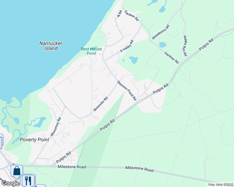 map of restaurants, bars, coffee shops, grocery stores, and more near 45 Brewster Road in Nantucket