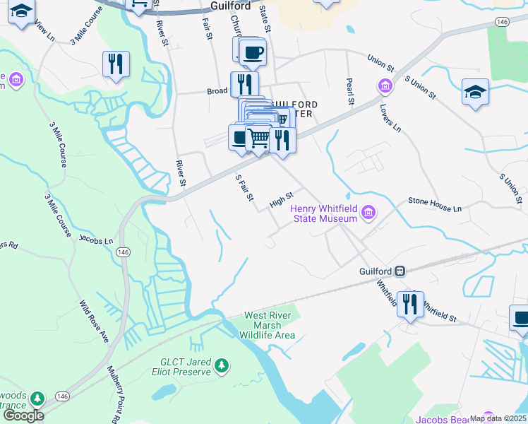 map of restaurants, bars, coffee shops, grocery stores, and more near 55 South Fair Street in Guilford