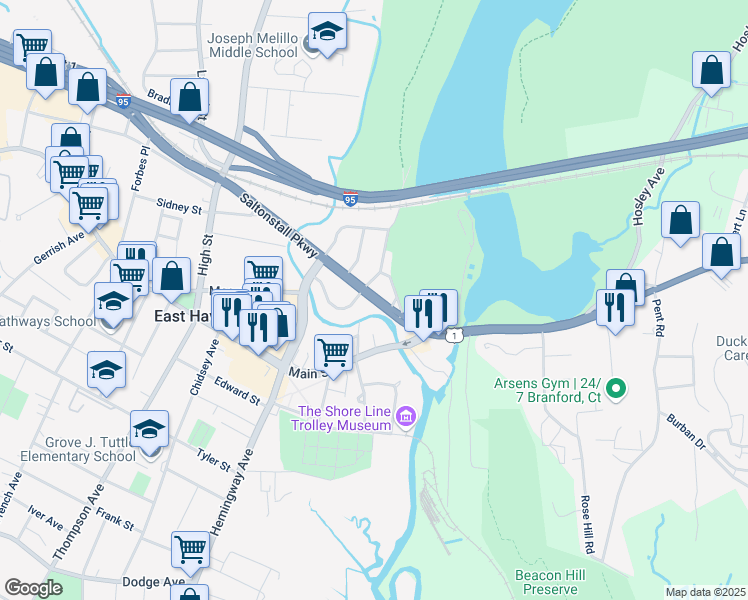 map of restaurants, bars, coffee shops, grocery stores, and more near 75 Saltonstall Parkway in East Haven