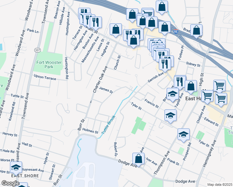 map of restaurants, bars, coffee shops, grocery stores, and more near 69 Burr Street in East Haven