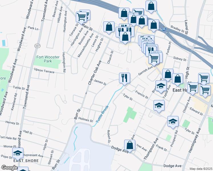 map of restaurants, bars, coffee shops, grocery stores, and more near 69 Burr Street in East Haven
