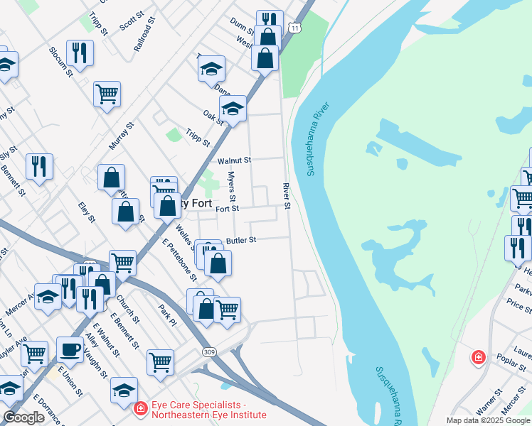 map of restaurants, bars, coffee shops, grocery stores, and more near 104 Butler St in Forty Fort