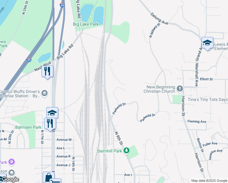 map of restaurants, bars, coffee shops, grocery stores, and more near 1912 Parkwild Drive in Council Bluffs