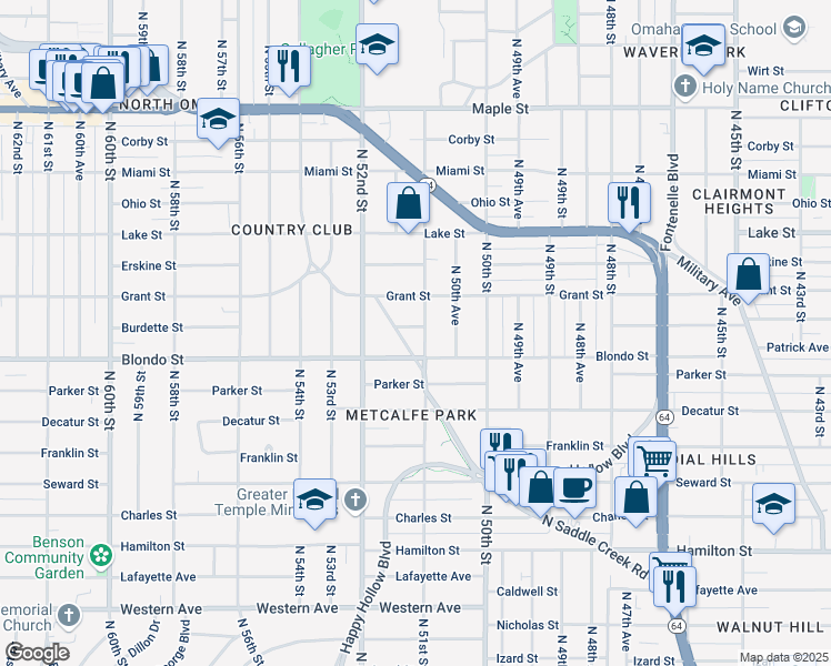 map of restaurants, bars, coffee shops, grocery stores, and more near 2019 North 51st Street in Omaha