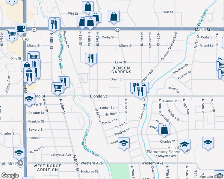 map of restaurants, bars, coffee shops, grocery stores, and more near 8153 Burdette Street in Omaha