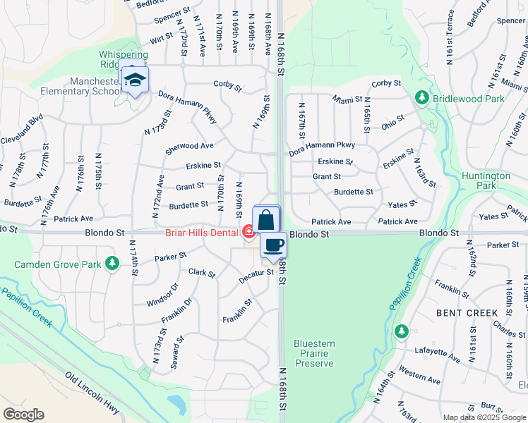map of restaurants, bars, coffee shops, grocery stores, and more near 16811 Burdette Street in Omaha