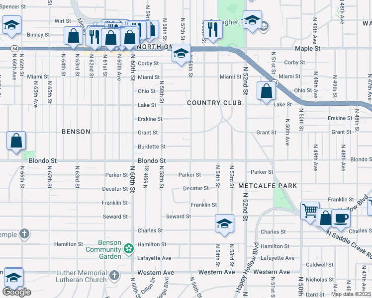 map of restaurants, bars, coffee shops, grocery stores, and more near 2122 N 56th St in Omaha
