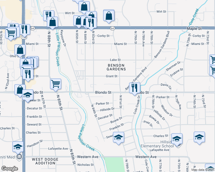 map of restaurants, bars, coffee shops, grocery stores, and more near 8153 Burdette Street in Omaha