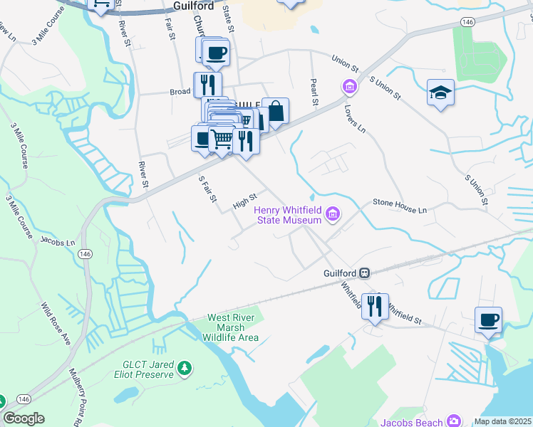 map of restaurants, bars, coffee shops, grocery stores, and more near 23 Norton Avenue in Guilford