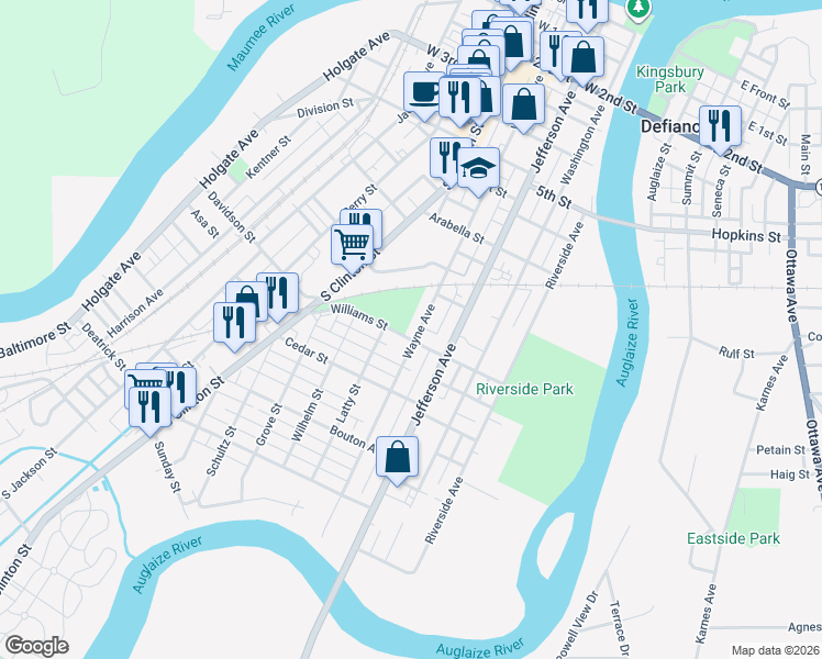 map of restaurants, bars, coffee shops, grocery stores, and more near 864 Wayne Ave in Defiance