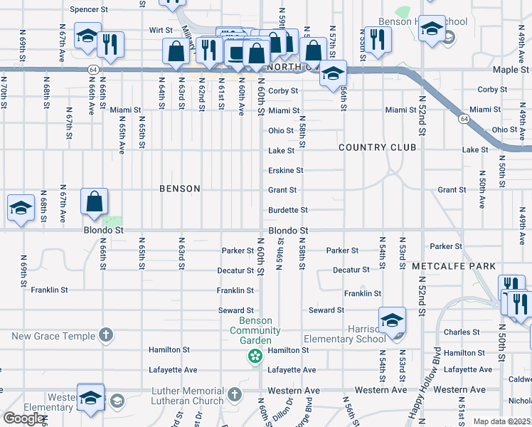 map of restaurants, bars, coffee shops, grocery stores, and more near 2017 North 60th Street in Omaha