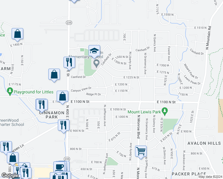 map of restaurants, bars, coffee shops, grocery stores, and more near 1169 North Orchard Avenue in Ogden