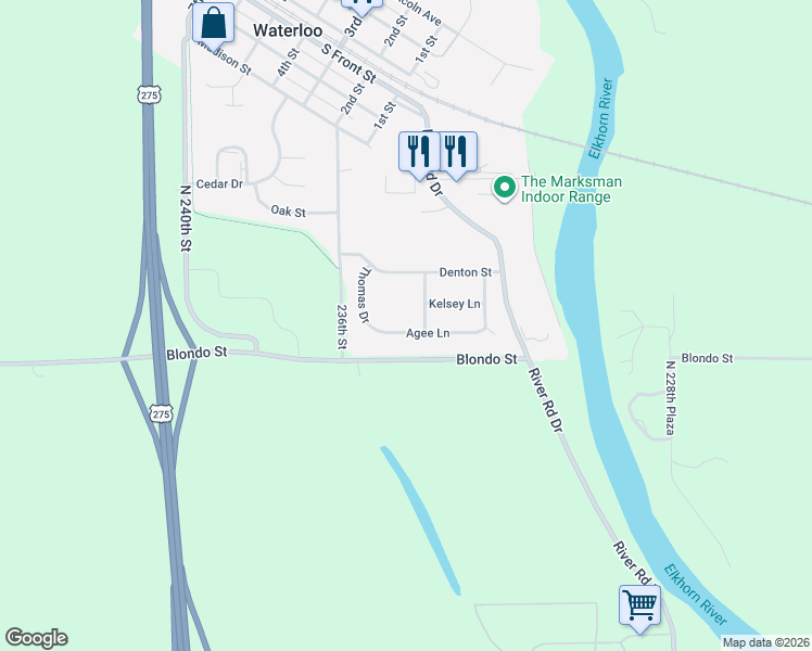 map of restaurants, bars, coffee shops, grocery stores, and more near 23412 Agee Ln in Waterloo