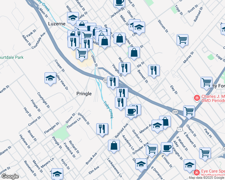 map of restaurants, bars, coffee shops, grocery stores, and more near 357 Union Street in Luzerne