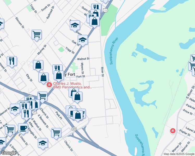 map of restaurants, bars, coffee shops, grocery stores, and more near 104 Butler St in Forty Fort