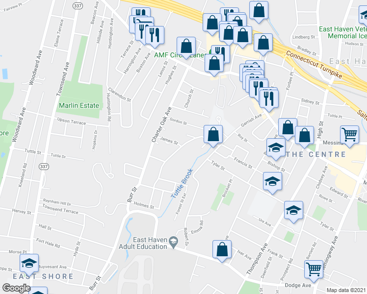 map of restaurants, bars, coffee shops, grocery stores, and more near 69 Burr Street in East Haven